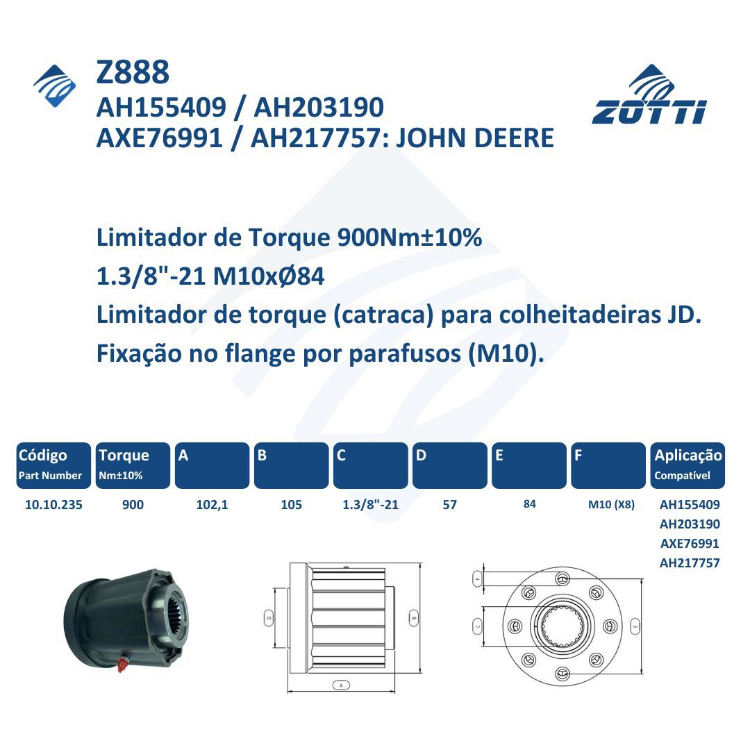 Z888 - LIMITADOR DE TORQUE FLANGE FIXO 900NM - AH155409 - AH203190 -  AXE76991 - AH217757 / JOHN DEERE em Maringá